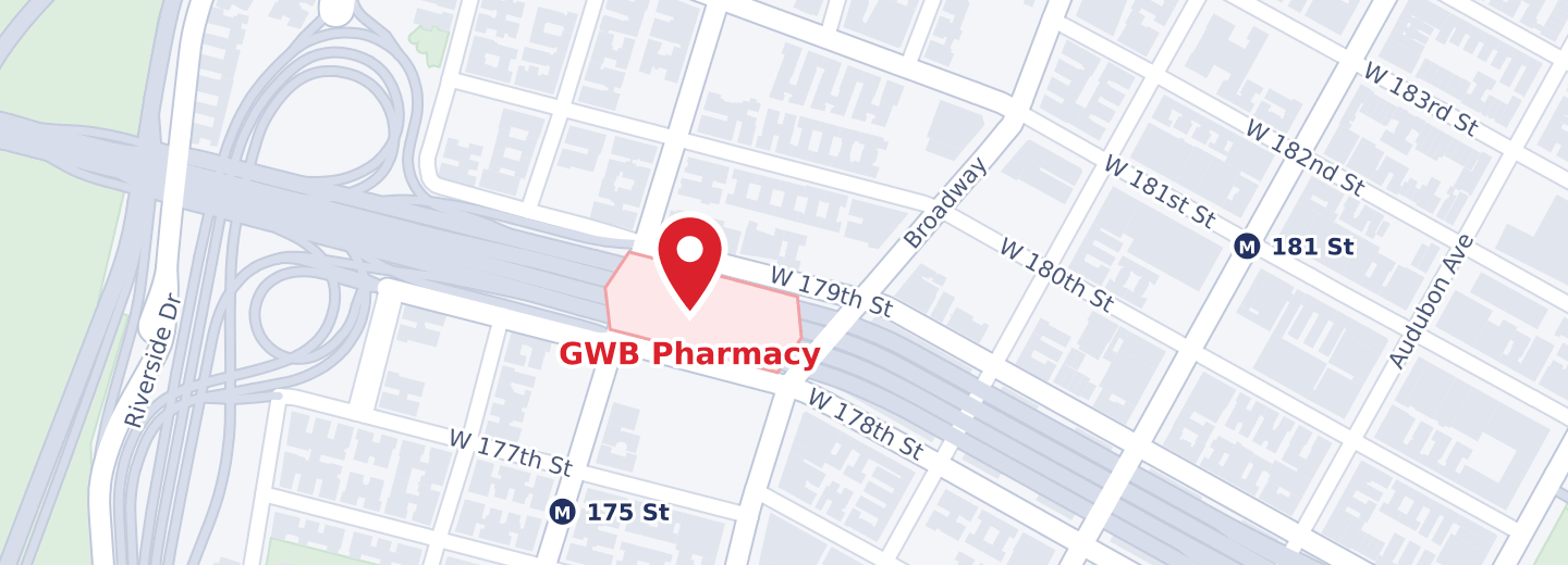 Map of GWB Pharmacy in the George Washington Bridge Bus Station, between West 178th and West 179th Streets at Broadway, near the 181 St and 175 St subway stations